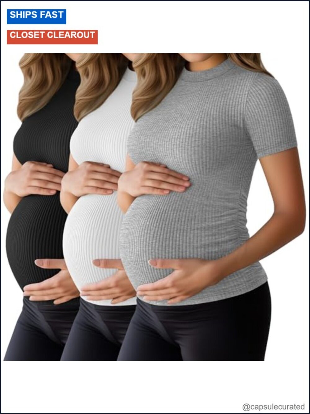 3 Pack Maternity Ribbed Mock Turtleneck T-Shirts Side Ruched Slim Fit